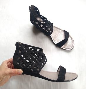 LOFT cut-out ankle wrap caged black wedge sandals Size 8.5